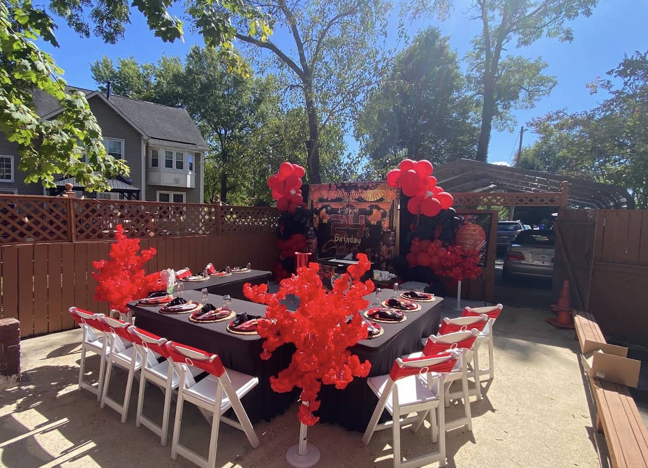 Hibachi party table setup in a sunny backyard, ready for guests in Celebration, Florida