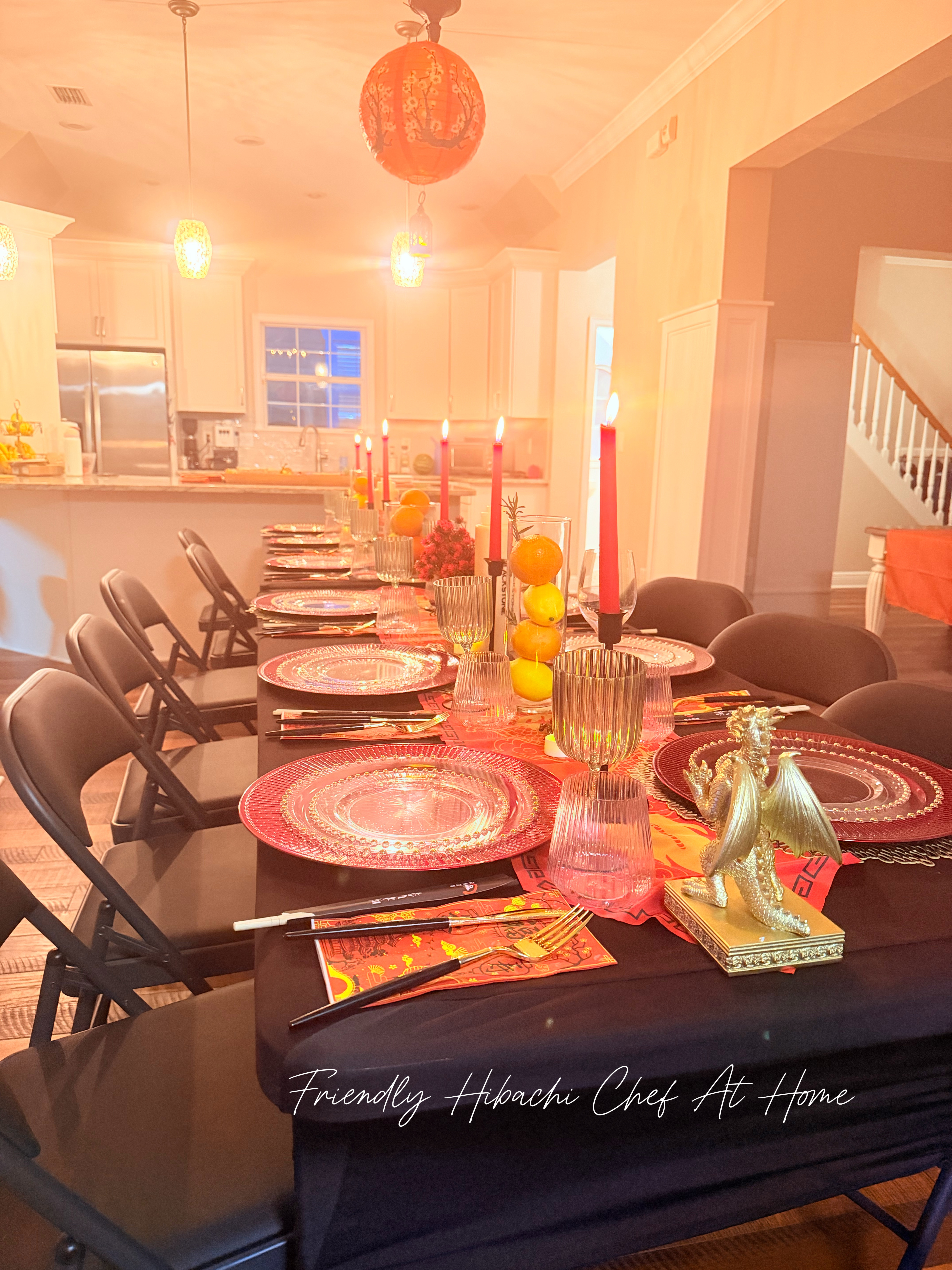 Indoor hibachi dinner setup with a grill and festive decorations at a home party in Maitland, Florida