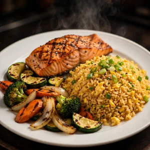 Grilled salmon with fried rice and grilled vegetables - hibachi entree option