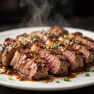 Grilled steak slices with sesame seeds, green onions, and sauce - hibachi entree option